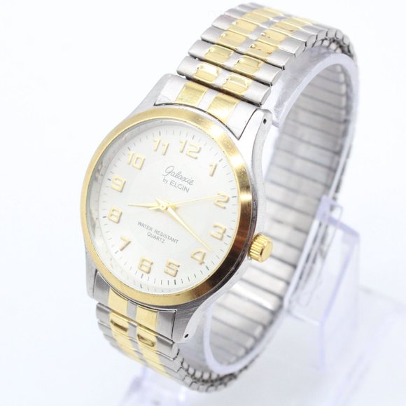 Galaxie By Elgin Watch Mens Steel 37mm Gold Silver Tone Round Stretch Band - Picture 3 of 8